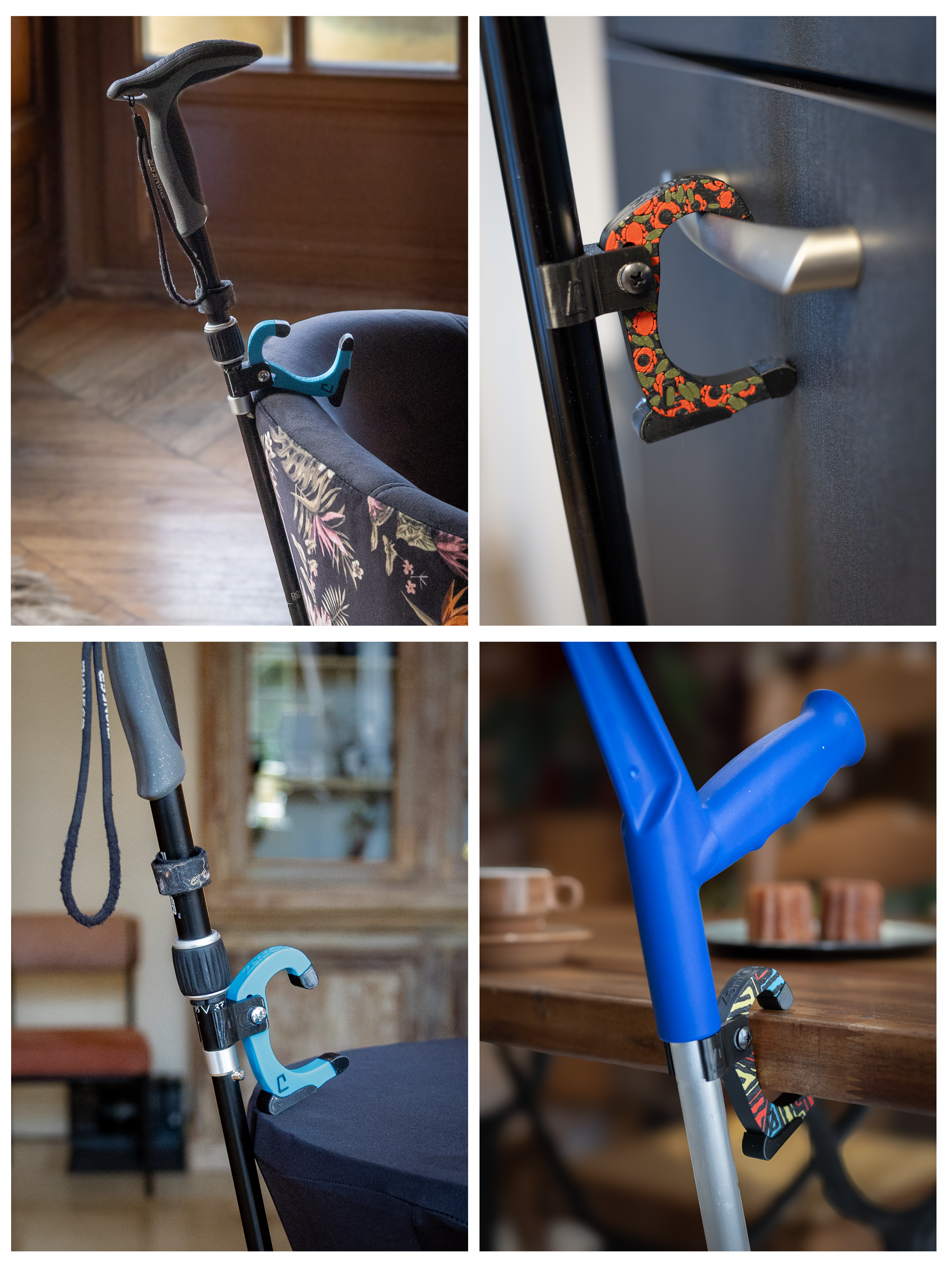 Mosaïque de quatre photos montrant le Zeni’Clip sur une canne et une béquille, accroché à un fauteuil, une poignée de meuble, un meuble et une table de café.
